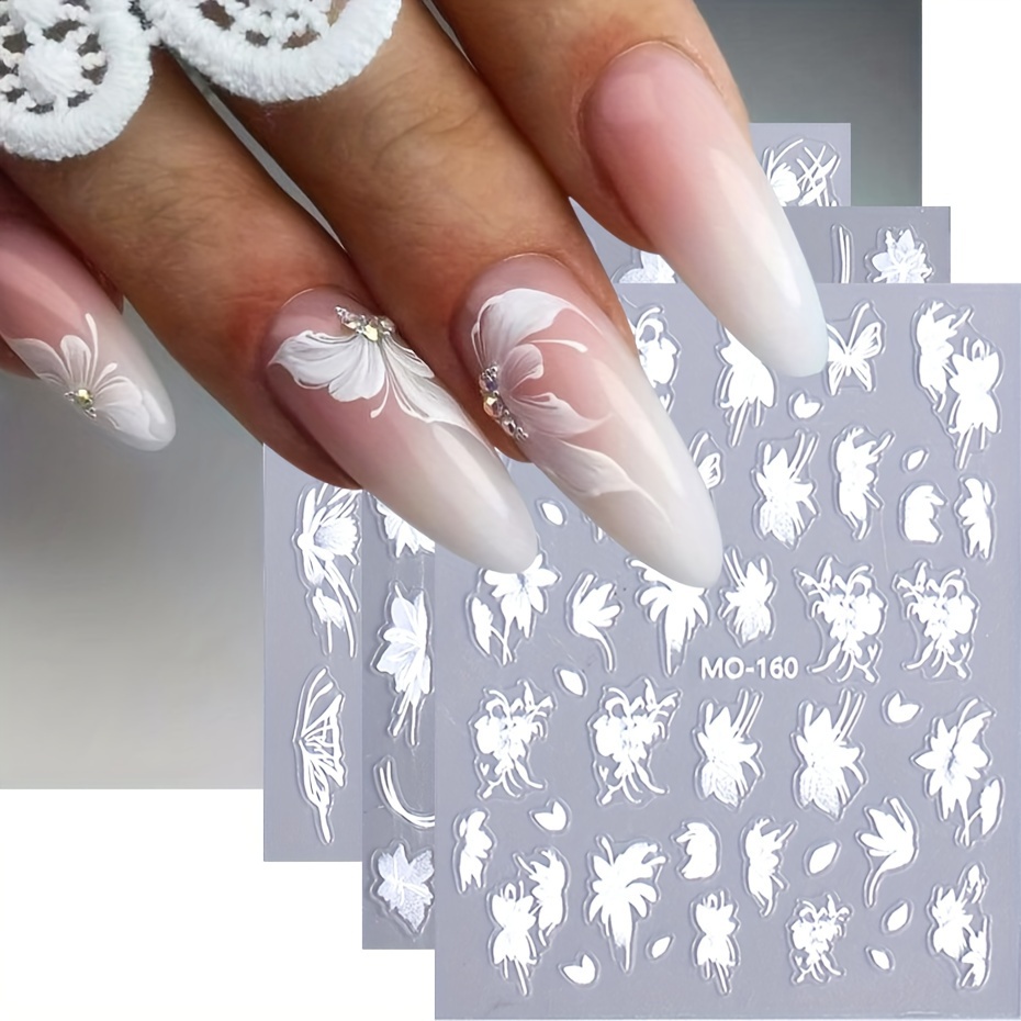 

3pcs/set 5d White Flower Nail Art Stickers Exquisite Kawaii Acrylic Nail Decoration Floral Lace Nail Slider Decals Adhesive Accessories Manicure Decor