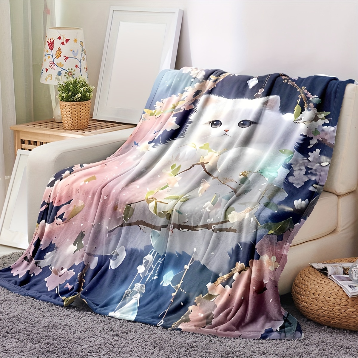 Cute Cat Floral Blanket Soft Cozy Flower Printed Fleece - Temu