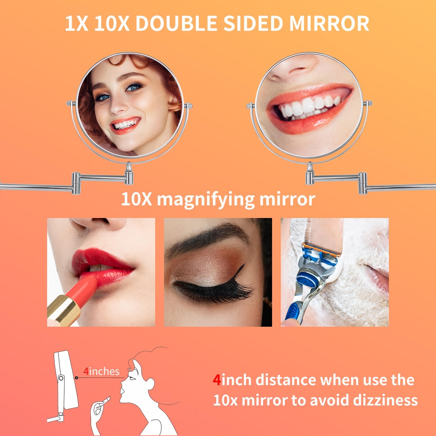  Espejo de maquillaje montado en la pared con aumento de 10  aumentos, montaje en pared redondo espejo de baño de 8.0 in de doble cara  giratorio espejo de maquillaje de pared