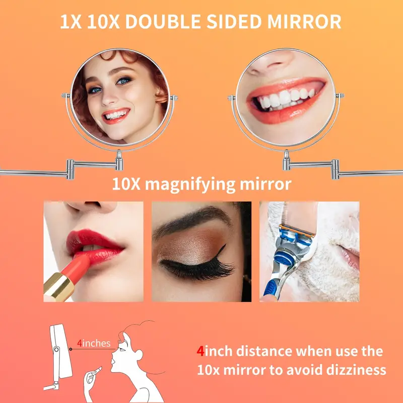 KEDSUM Espejo de maquillaje montado en la pared, espejo de aumento 1X/10X,  espejo de maquillaje de doble cara de 8 pulgadas con aumento regulable de 3