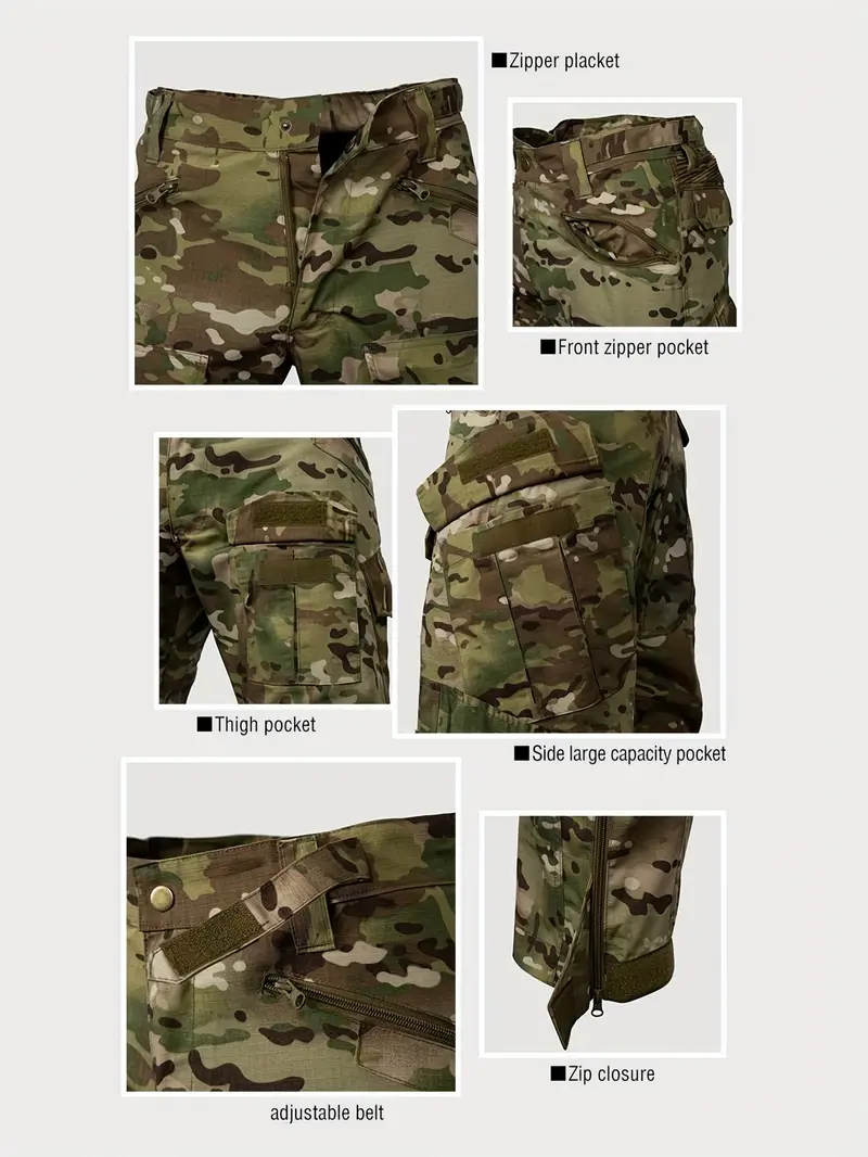 2-piece Men s Camouflage Pattern Tactical Suit, Men s Long Sleeve Stand Collar Sports Training Gear Shirt With Zipper & Flap Pocket Pants Set details 4