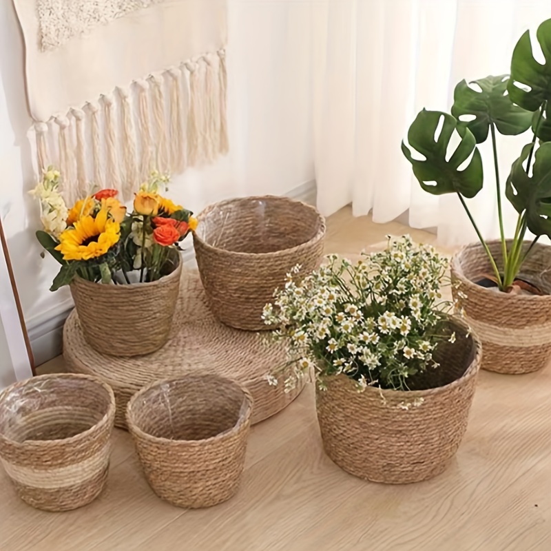 Maceta de pared de mimbre para colgar, macetas colgantes tejidas de ratán,  cesta de almacenamiento colgante rústica hecha a mano para plantas, hogar