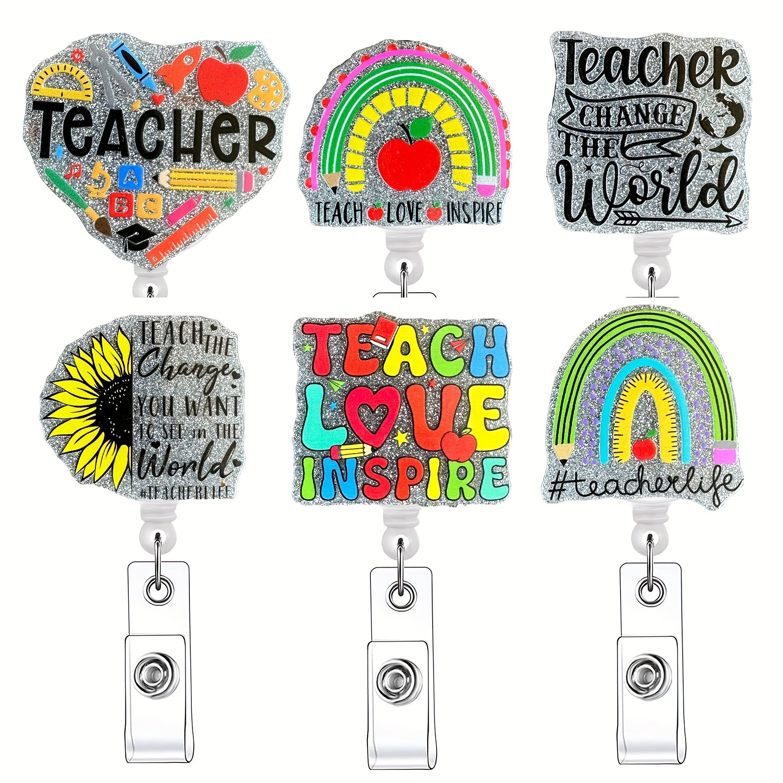 Teachers Name Apple Badge Reel Glitter Name Badge Personalized ID Card  Holder Retractable Teacher Gift Back to School 