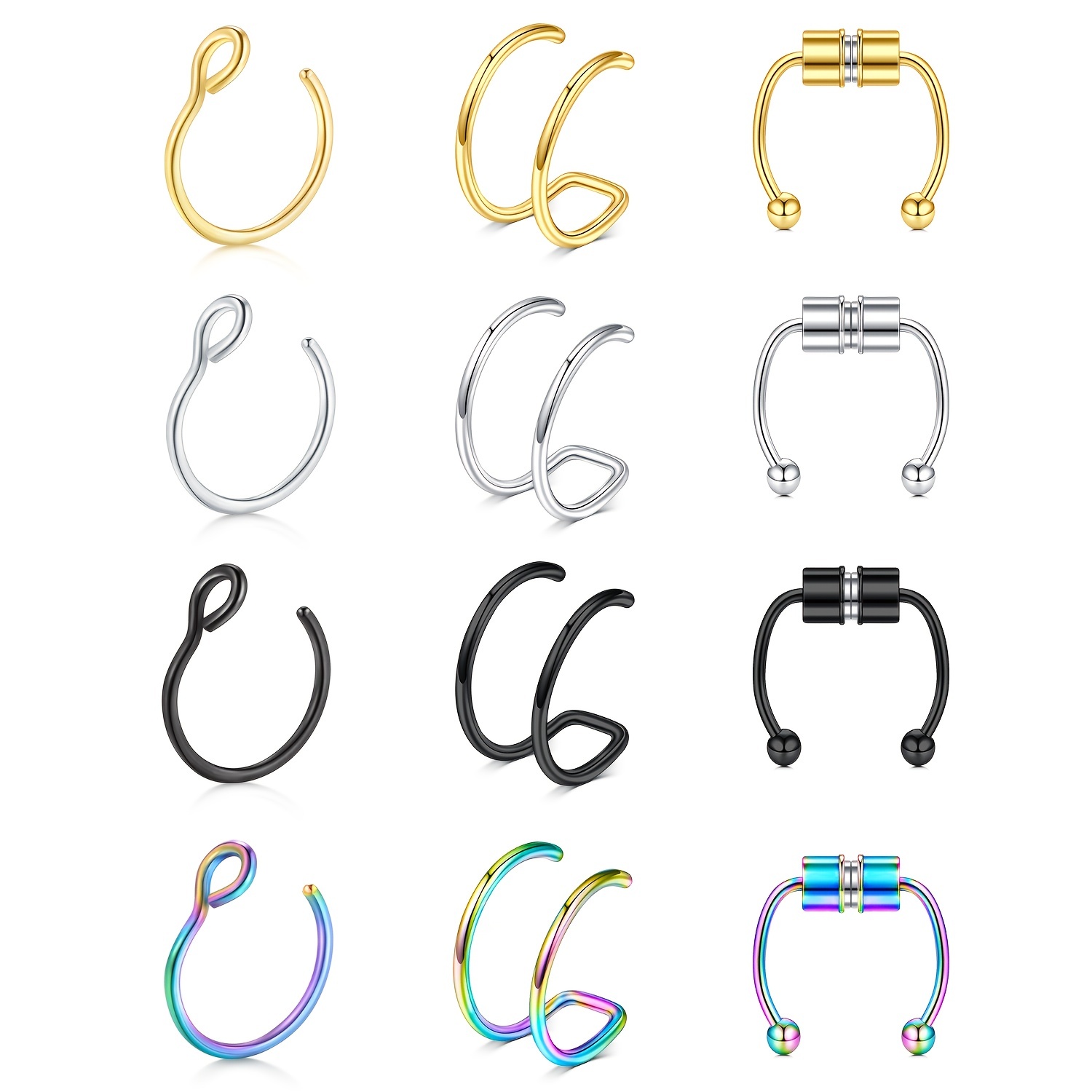 12pcs Fake Nose Ring, Non Piercing Fake Nose Septum Piercing Ring, Stainless Steel Fake Piercing Jewelry, Jewels for Women Men,Temu