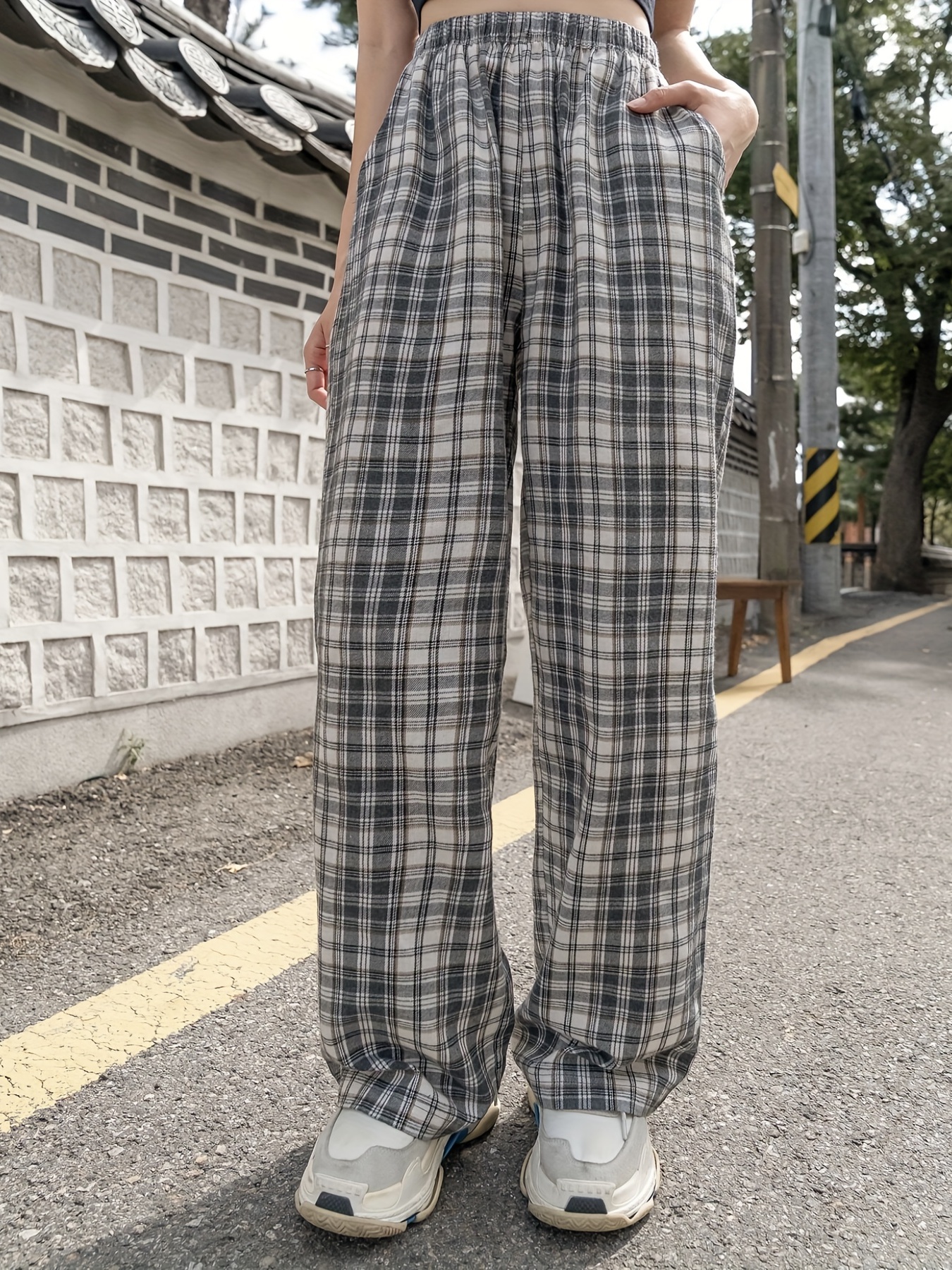 Plaid Print Wide Leg Pants Casual High Waist Fashion Pants - Temu