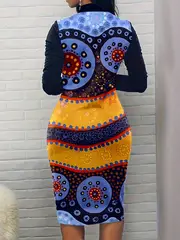 plus size boho dress womens plus colorblock floral print zipper long sleeve mock neck slim fit dress details 0