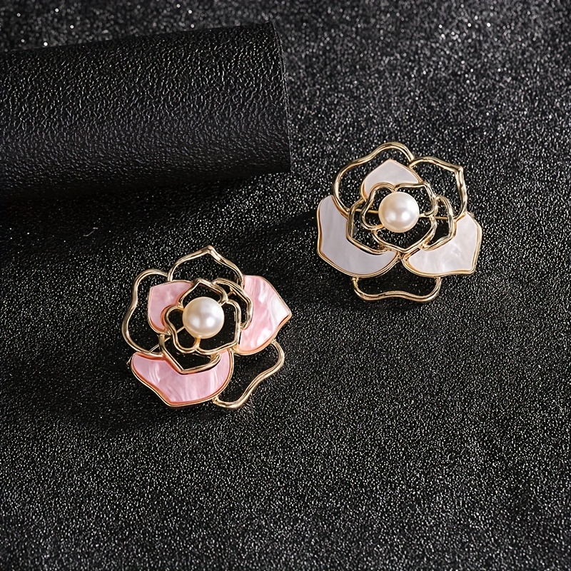 Women's Hollow Camellia Brooch Faux Pearl Elegant Brooch Pin Coat Shirt  Badge Clothing Accessories - Temu