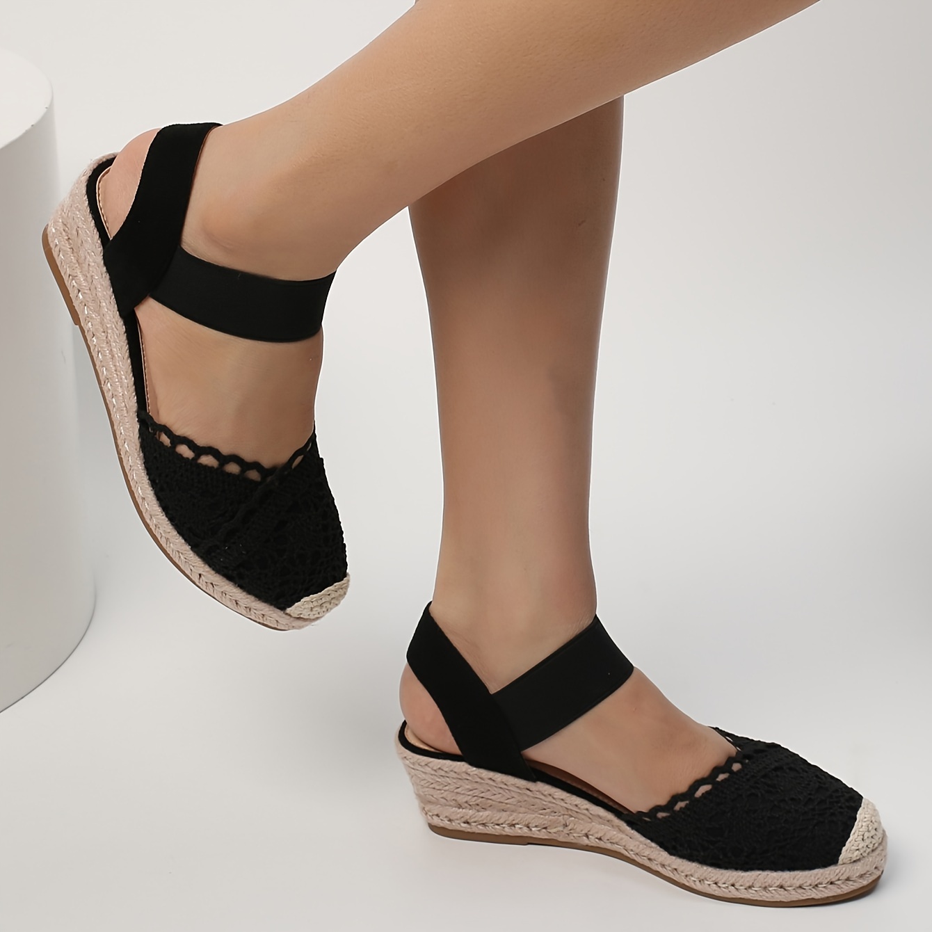 Women s Solid Color Gentle Sandals Elastic Ankle Strap Platform Closed Toe Shoes Espadrilles Wedge Slingback Shoes