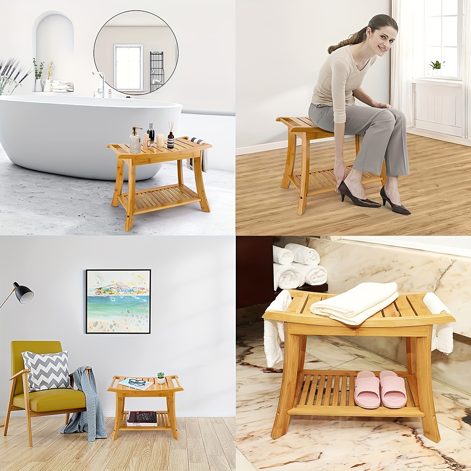 Bamboo Shower Bench Seat Storage Shelf 2 tier Storage Rack Temu