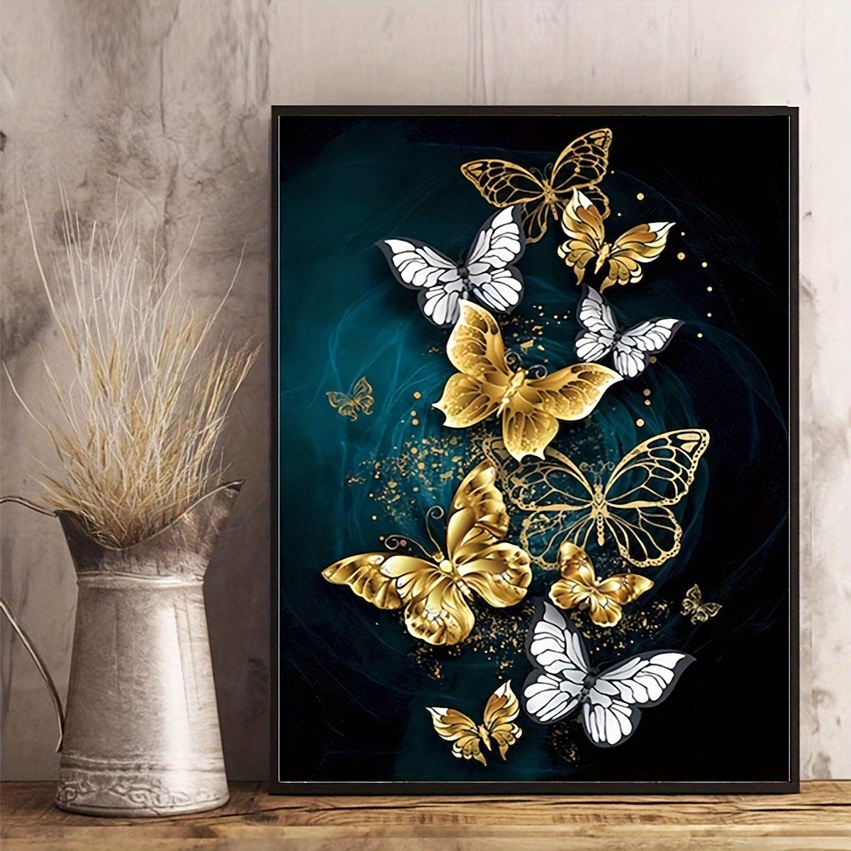 

1set Diy Cross Stitch Kit, Blue Golden Butterfly Floral Pattern Cross Stitch Material Package, Living Room Entrance Bedroom Decoration Painting
