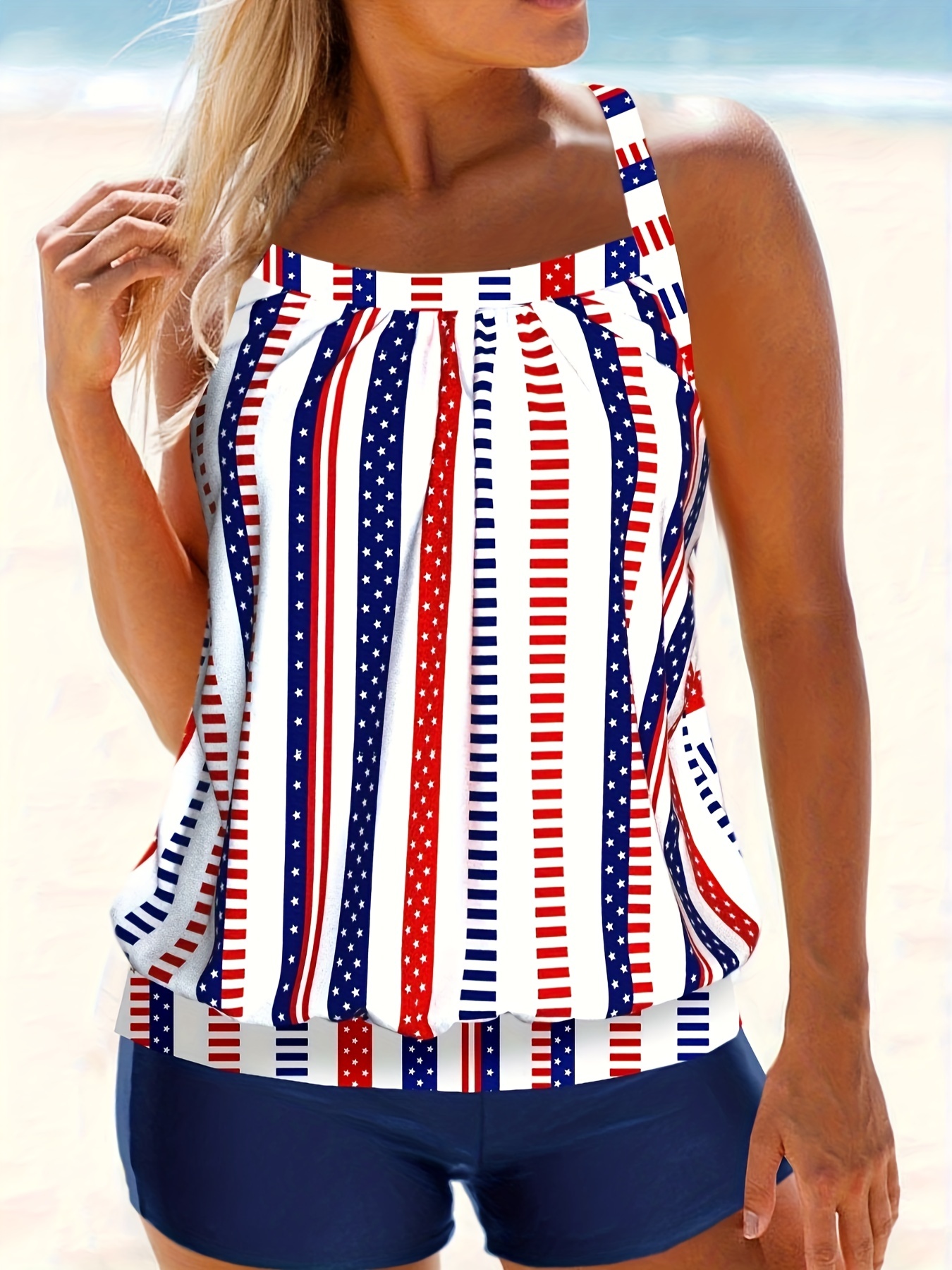 Striped Print Tankini Criss Cross Straps Backless High Waist