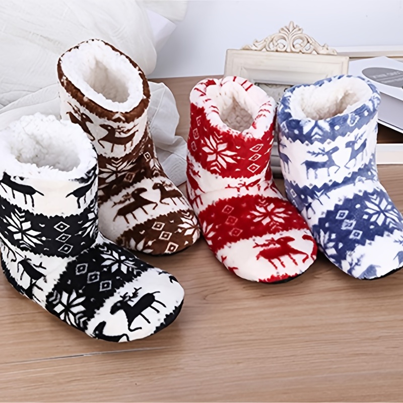 Christmas Deer Pattern Fuzzy Slipper Boots Winter Cozy Warm - Temu