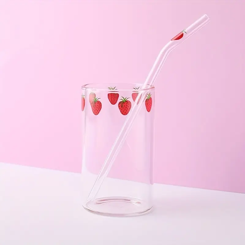 Cute And Durable Strawberry Glass Cup With Straw - Perfect For Hot