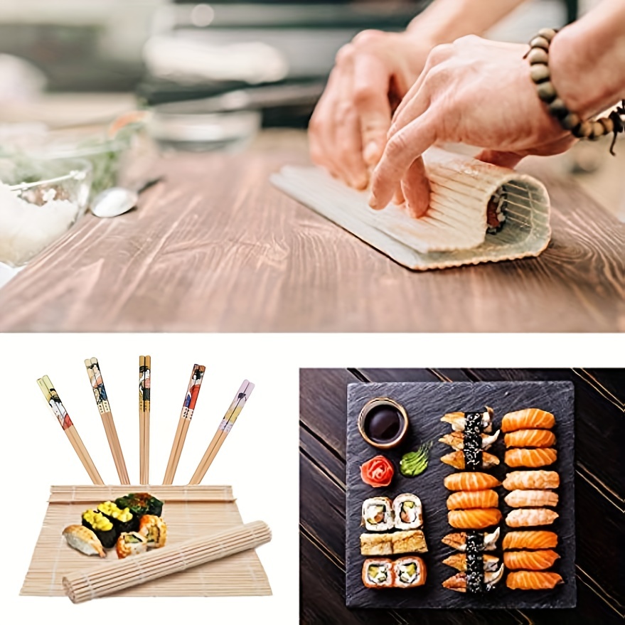 Beginner Sushi Making Kit-10 pcs, Bamboo Sushi Kit, Sushi Making Tool Gift  Set, Included 2 Rolling Mats - 5 Pairs Chopsticks - Paddle - Spreader-  Storage Bag. 