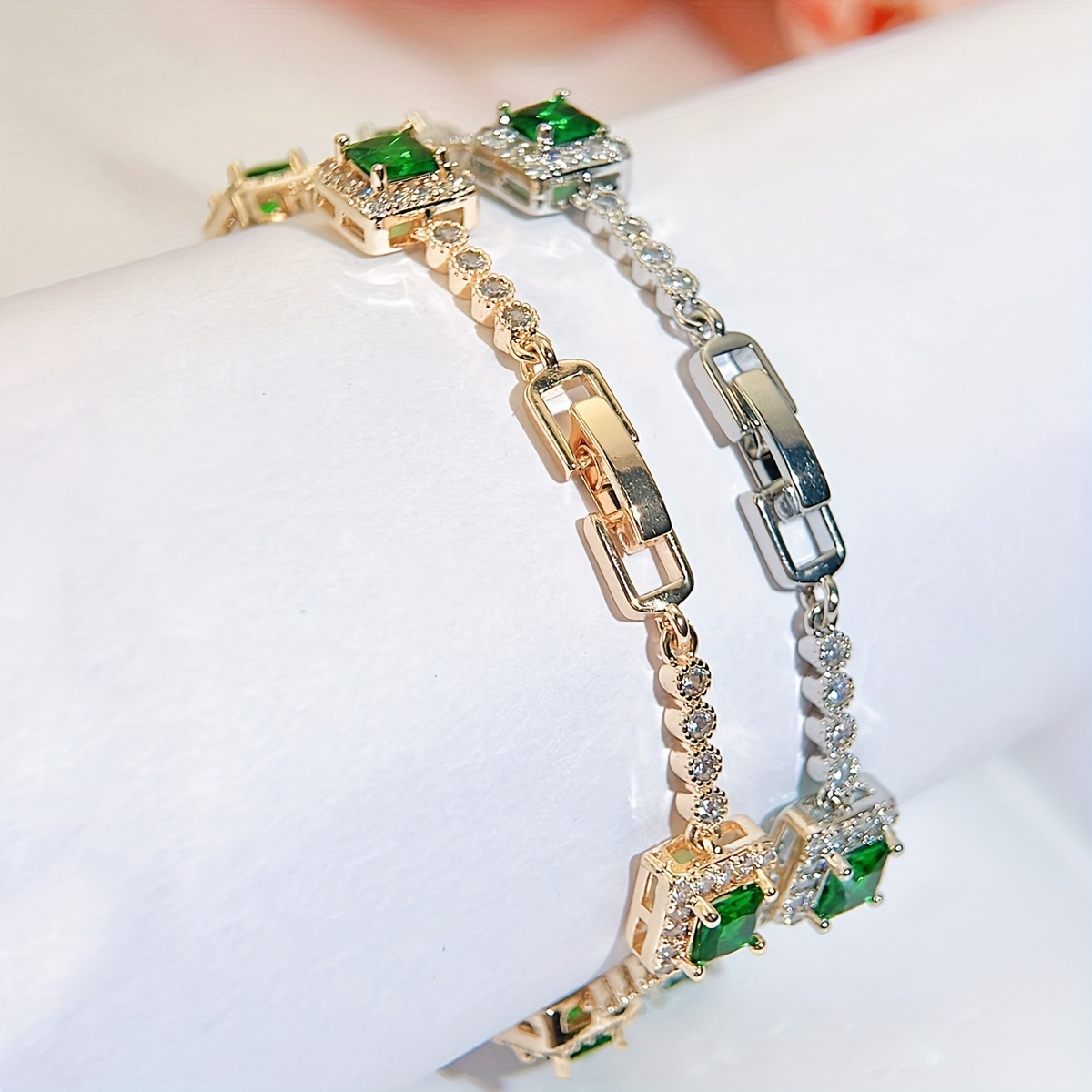 A Beautiful Green Cubic Zirconia Bracelet with a Silvery Golden Fashion Square Charm, Perfect for Women'S Evening Wear