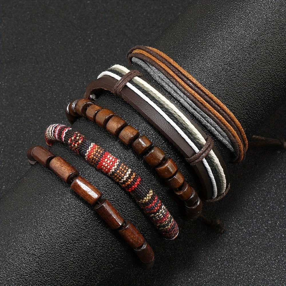 5pc Boho Style Braided Bracelet Set, Vintage Leather