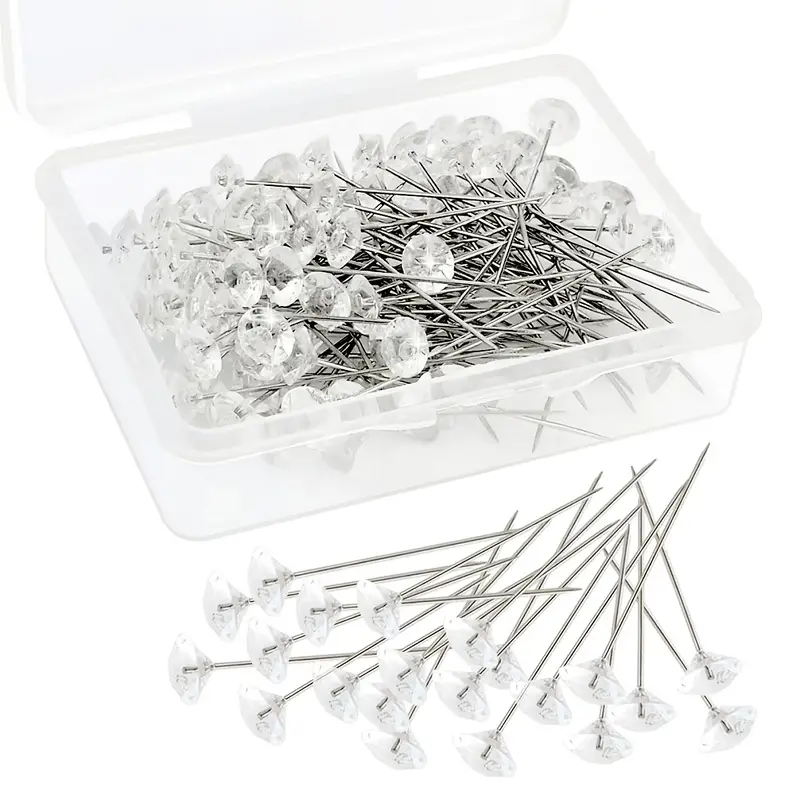 100pcs Jagowa Diamond Crystal Head Pins Clear Acrylic Flower Bouquet Pins  With Plastic Box For Wedding Sewing DIY Craft Decoration