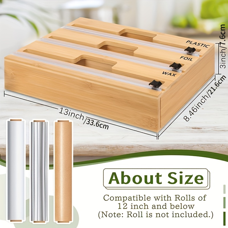 3-in-1 Bamboo Plastic Wrap Dispenser with Cutter, Foil & Plastic Wrap Organizer