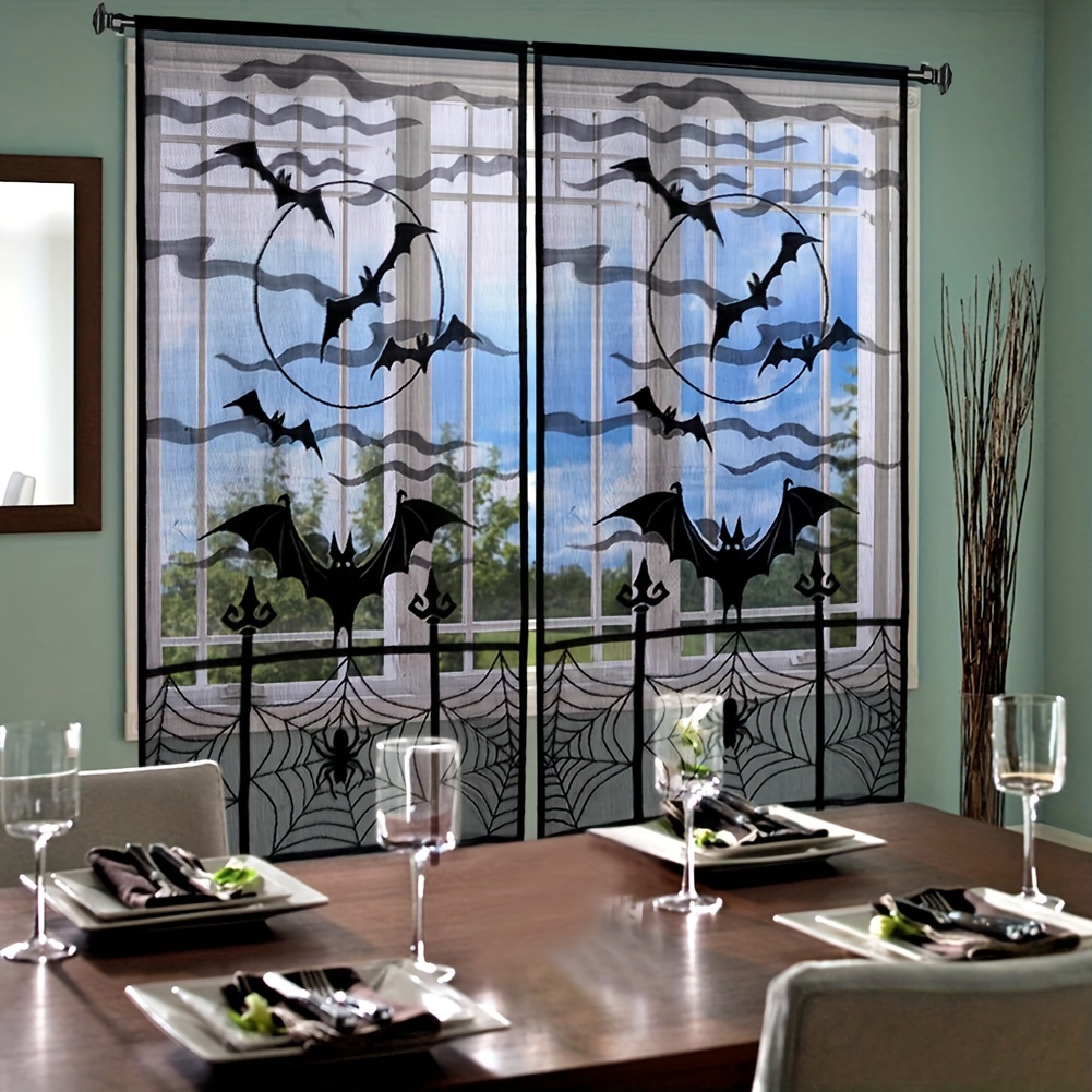  Tab Top Window Curtain,Happy Halloween Spiders- Web Black Tier  Curtains Panels Kitchen Valance 2 Drapes,Black White Pumpkin Ghost Face  Light Filtering Window Treatment for Bathroom Bedroom Cafe : Home & Kitchen