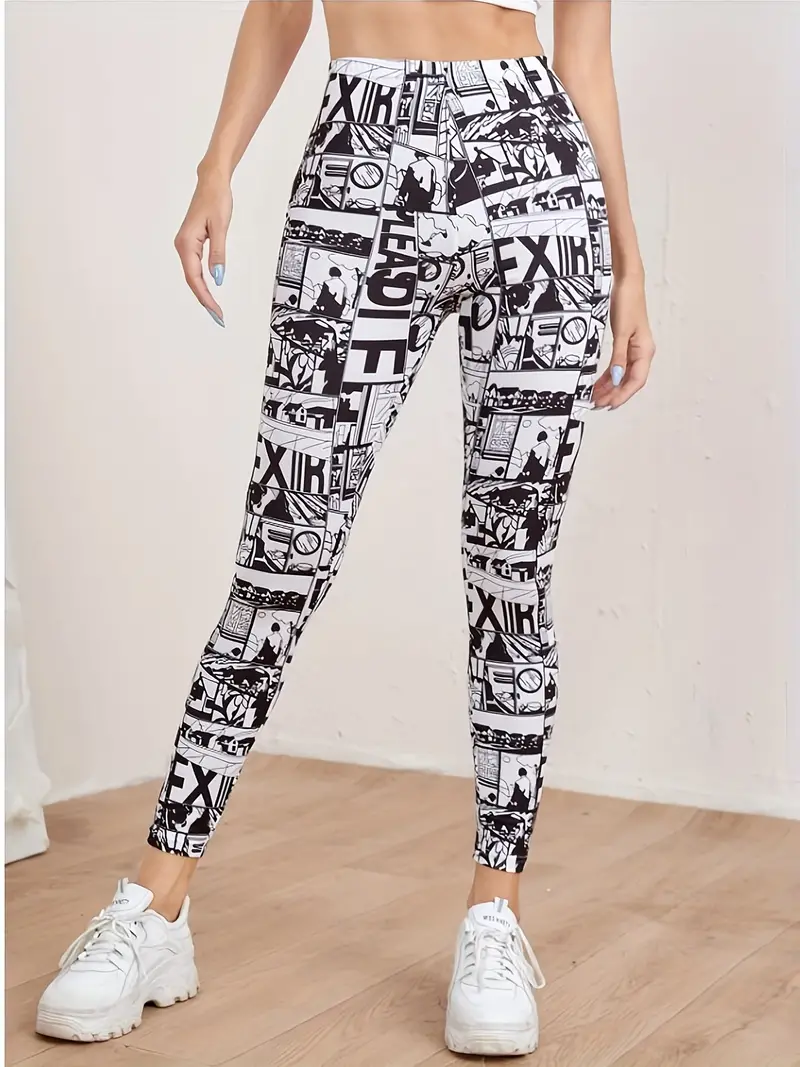 Vintage Style Printed Letter Sports Yoga Leggings, Running Workout Elastic  Tight Pants, Women's Activewear
