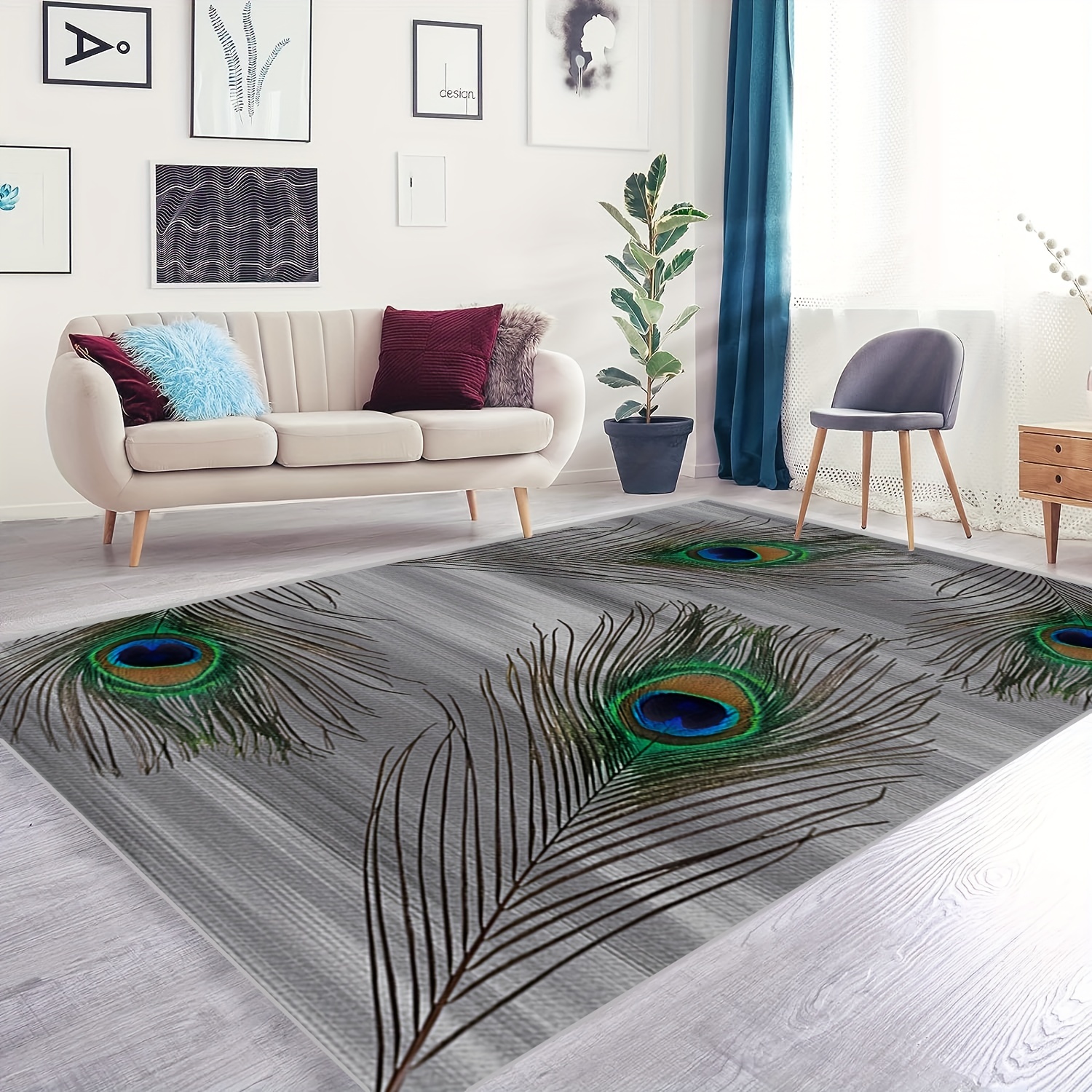 Peacock Feather Print Carpet for Living Room Dormitory Bedroom Small Office