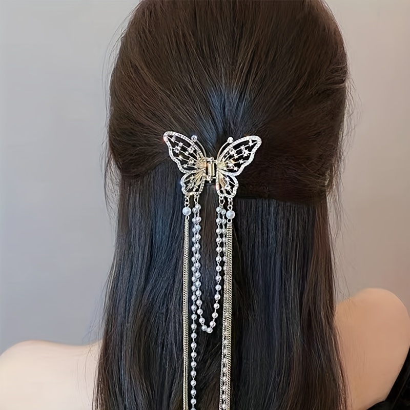 

Exquisite Butterfly Shark Clip Imitation Pearl Chain Tassel Hair Claw Clip Fine Hollow Out Hair Clip Back Head Weaving Plate Hair Headwear Hair Accessories