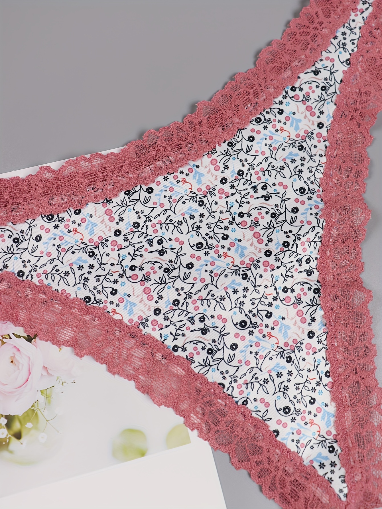 Heart Floral Print Thongs Cute Comfy Lace Trim Intimates - Temu