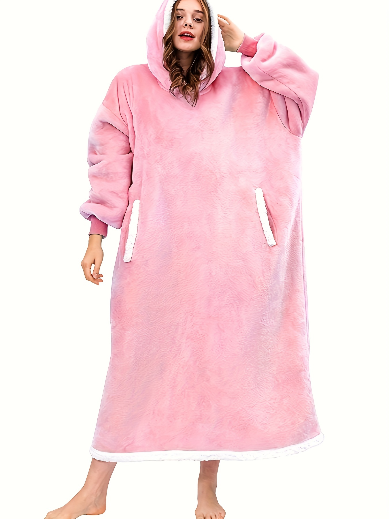 Plush Hooded Robe Warm Comfy Long Sleeve Robe With Pockets - Temu