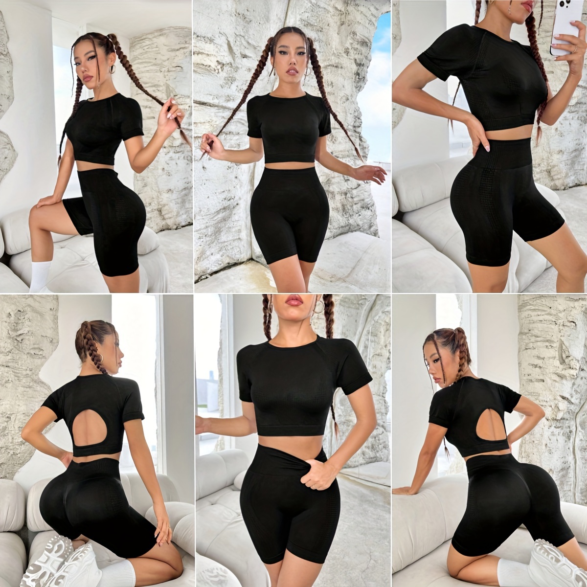 Solid Seamless High Stretch Short Sleeve Shorts Set Sports - Temu