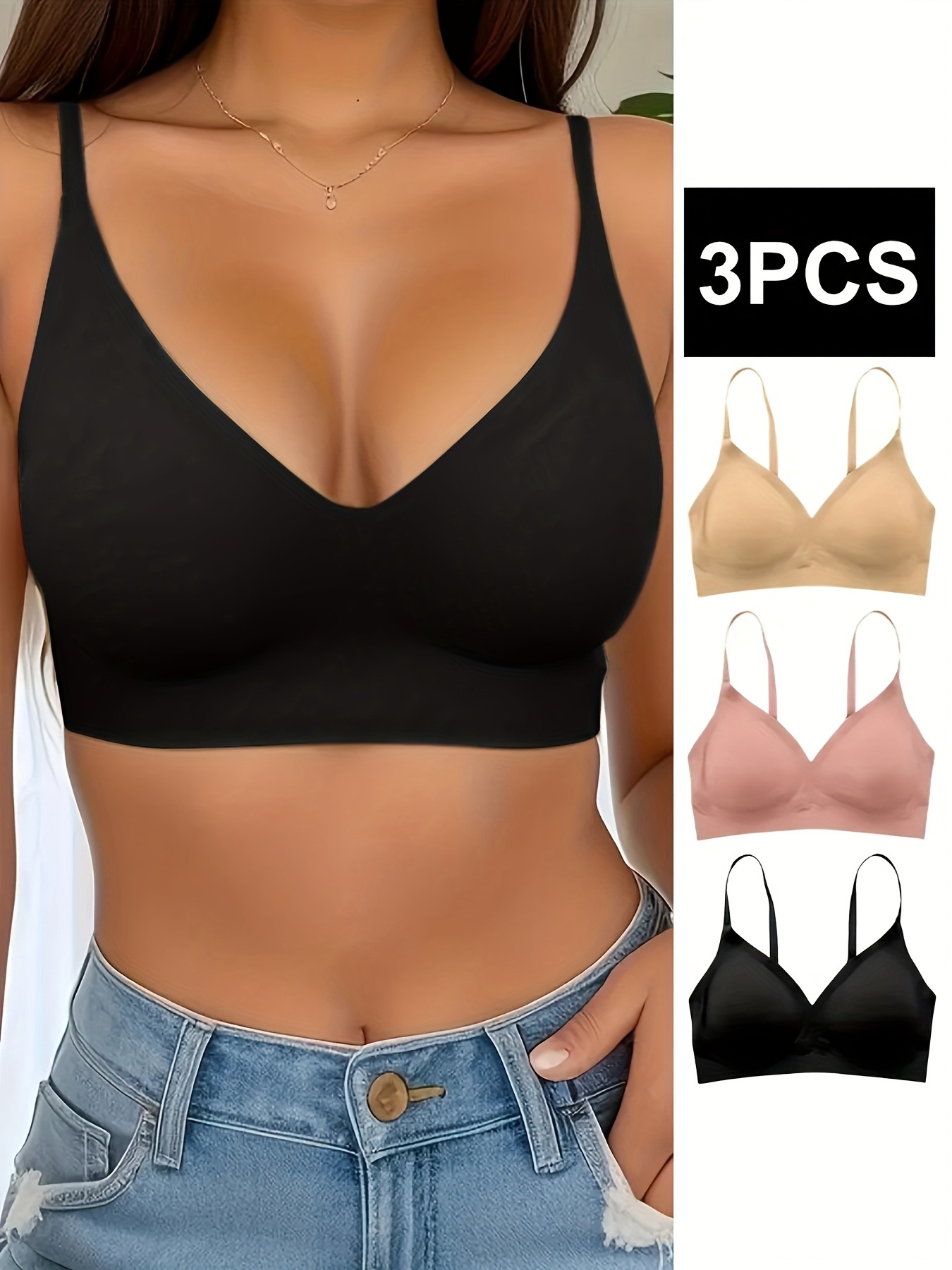3pcs Seamless Solid Wireless Bras, Comfy & Breathable Push Up Intimates  Bra, Women's Lingerie & Underwear