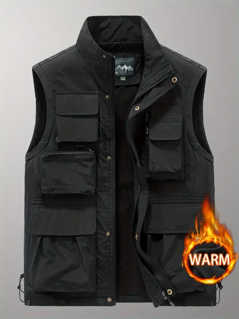 Men's Thermal Tactical Vest with Multi Pockets, Active Stand Collar Zip Up Sleeveless Jacket for Fall Winter Outdoor,Temu