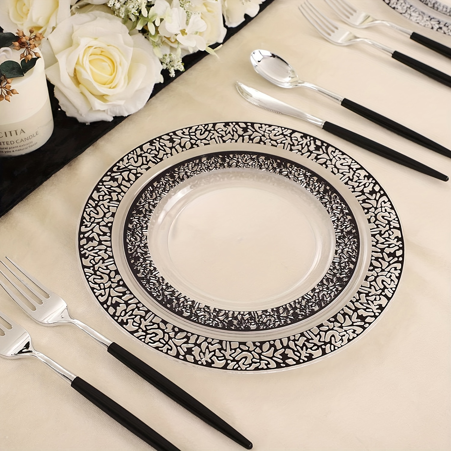 FLOWERCAT 60 platos negros de plástico – Platos desechables negros  resistentes para fiestas/bodas – Incluye 30 platos llanos negros de 10.25  pulgadas