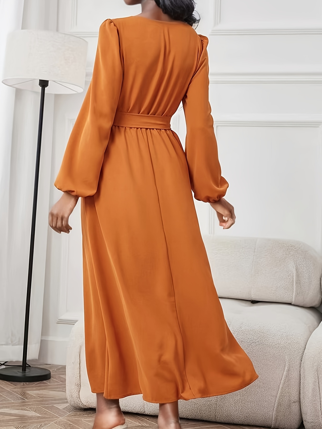 solid belted lantern sleeve dress v neck beaded elegant dress womens clothing
