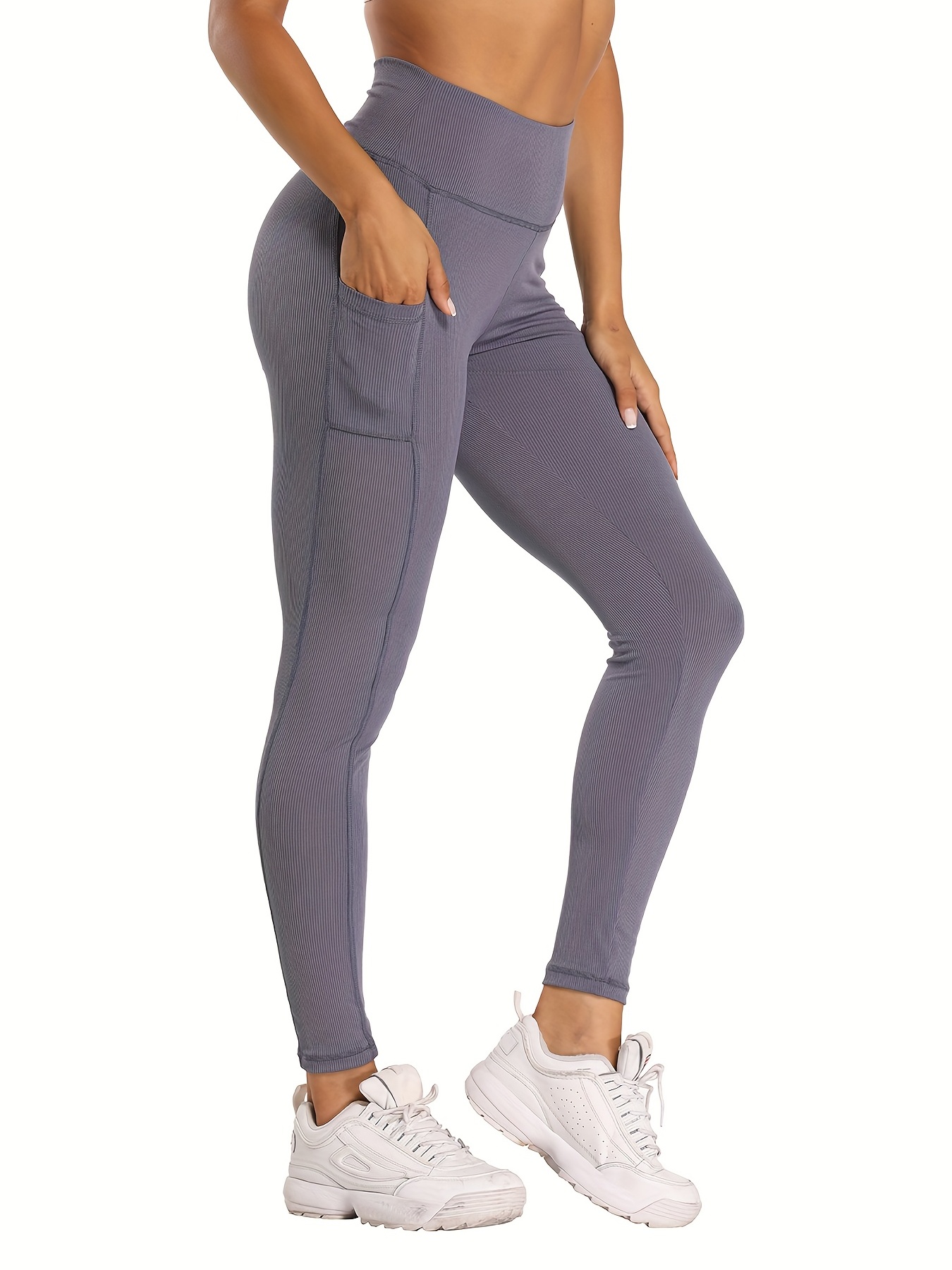 Solid High Waist Yoga Leggings Pocket Hip Lifting Ribbed - Temu