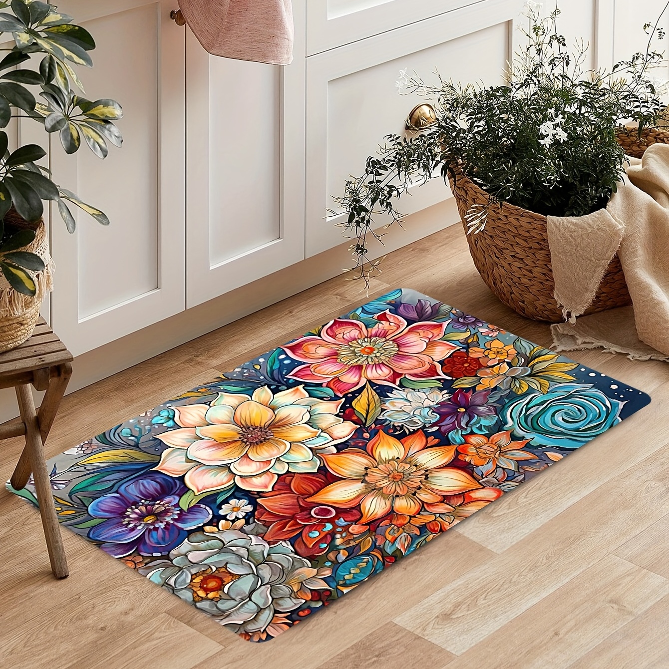 Cuttable Area Rug,Oil Painting Art Non-Slip Bathroom Floor Mat Boho  Abstract Distressed Non-Shedding Living Room Bedroom Dining Home Entrance  Kitchen