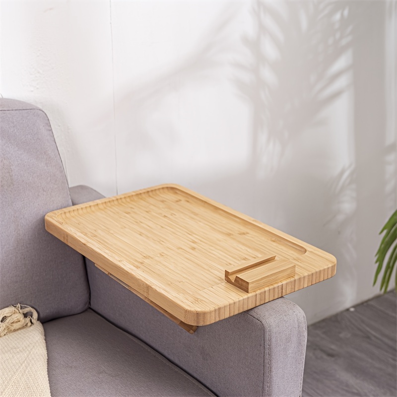 Mesa de clip para el brazo del sofá, mesa plegable de madera con soporte  para teléfono, adecuada para sofá reclinable (redonda)