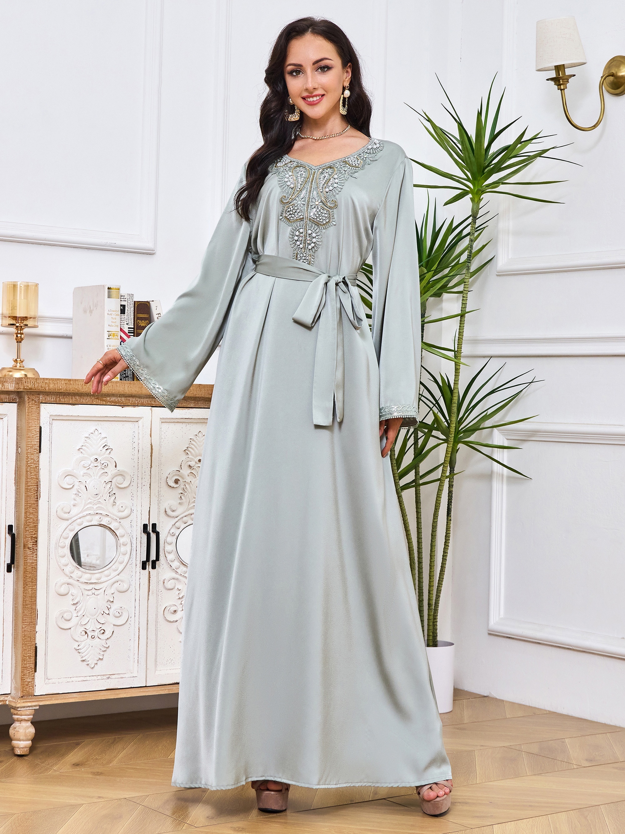Ramadan Floral Print Crew Neck Burqas Elegant Long Sleeve - Temu