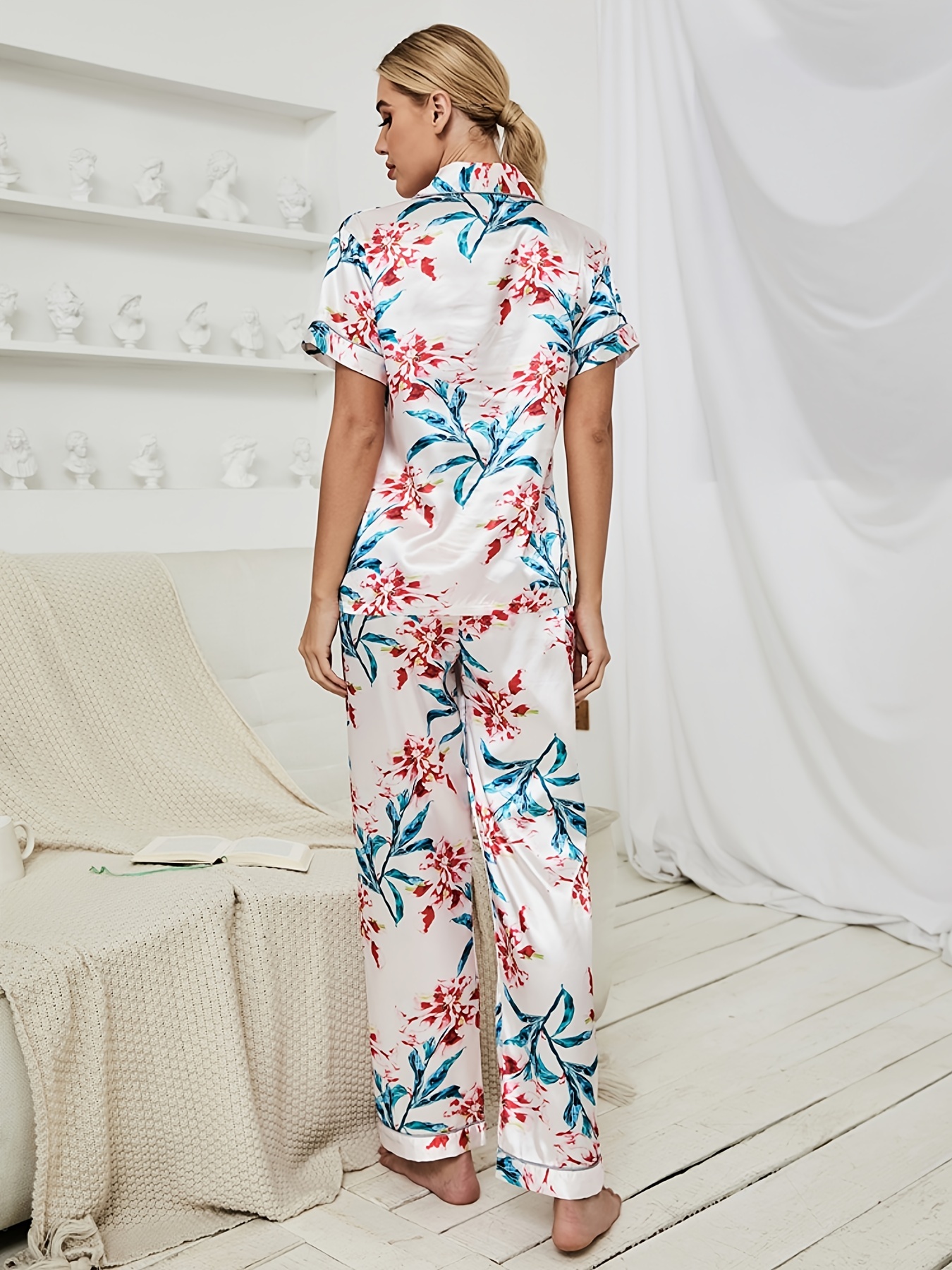 Elegant Satin Floral Print Pajamas Set, Lightweight Button Up Blouse Pajama  Top & Elastic Waistband Pajama Pants, Women's Loungewear & Sleepwear