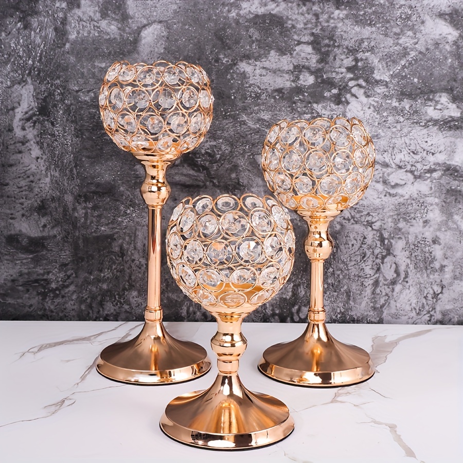 Gold Metal Crystal Beaded Goblet Tea Light Candle Holders, Votive
