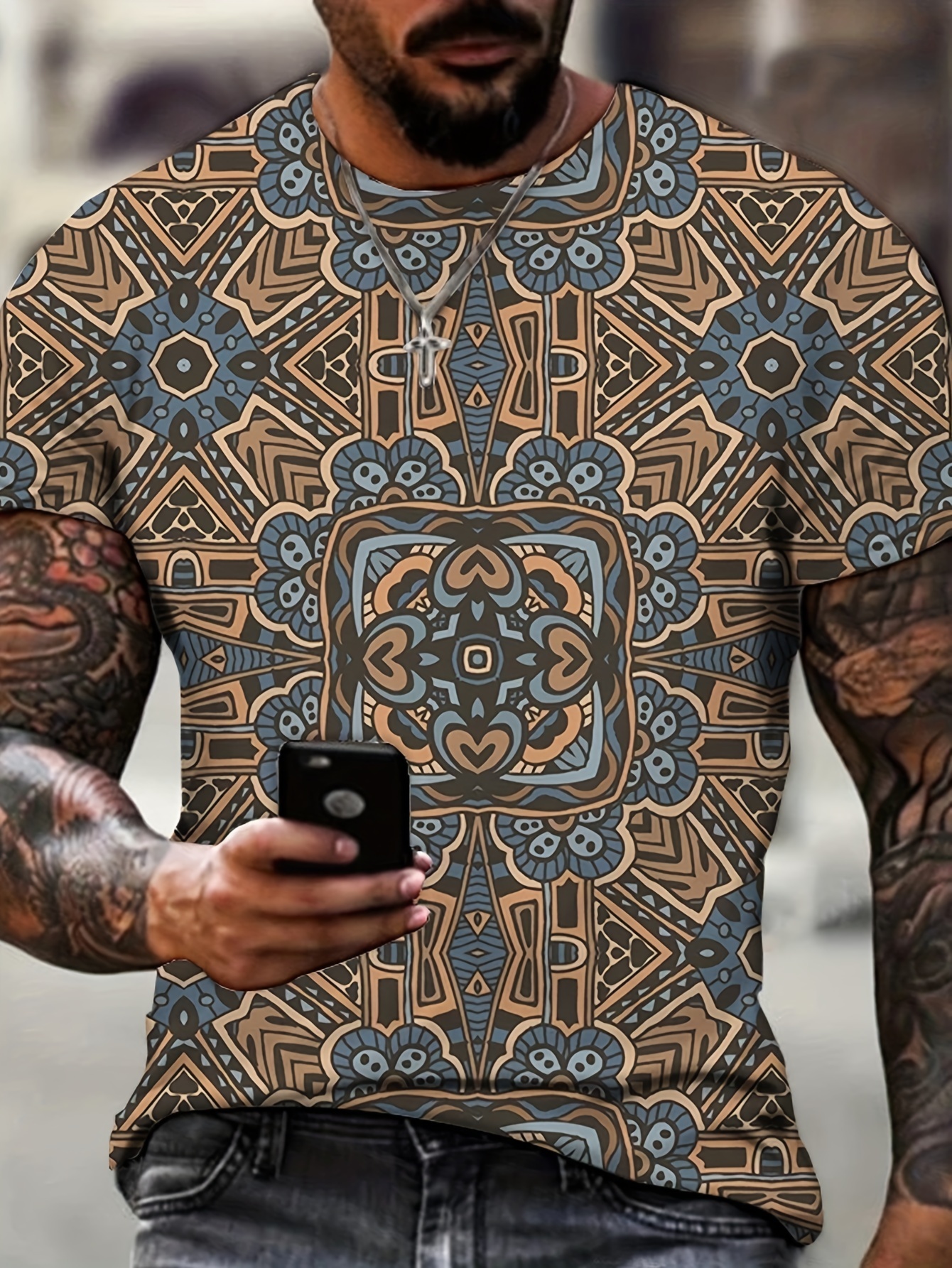 Boho Style Pattern Print Men's Comfy Chic T shirt Graphic - Temu