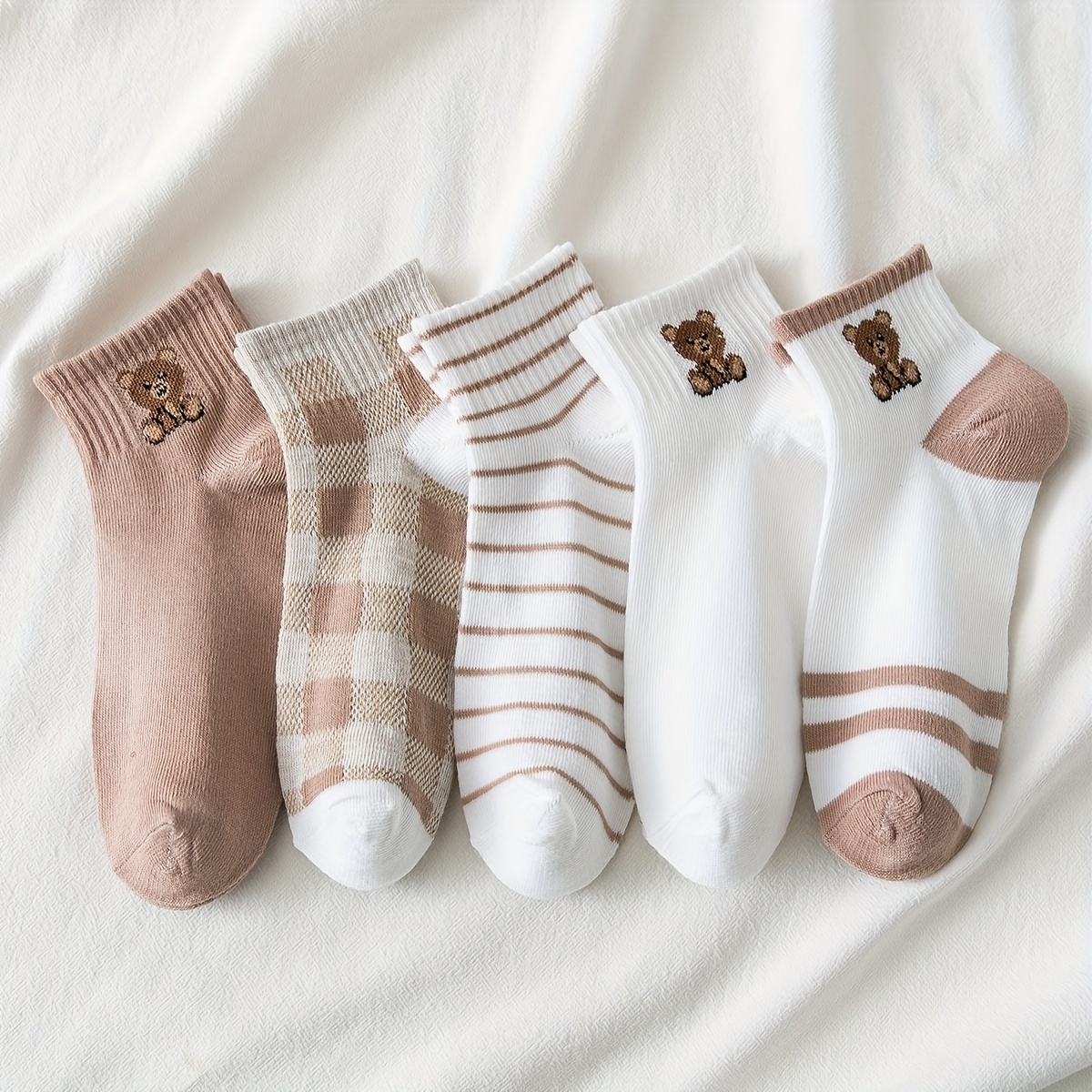 

5 Pairs Teddy Bear Socks, Cute & Lightweight Low Cut Short Socks, Women's Stockings & Hosiery