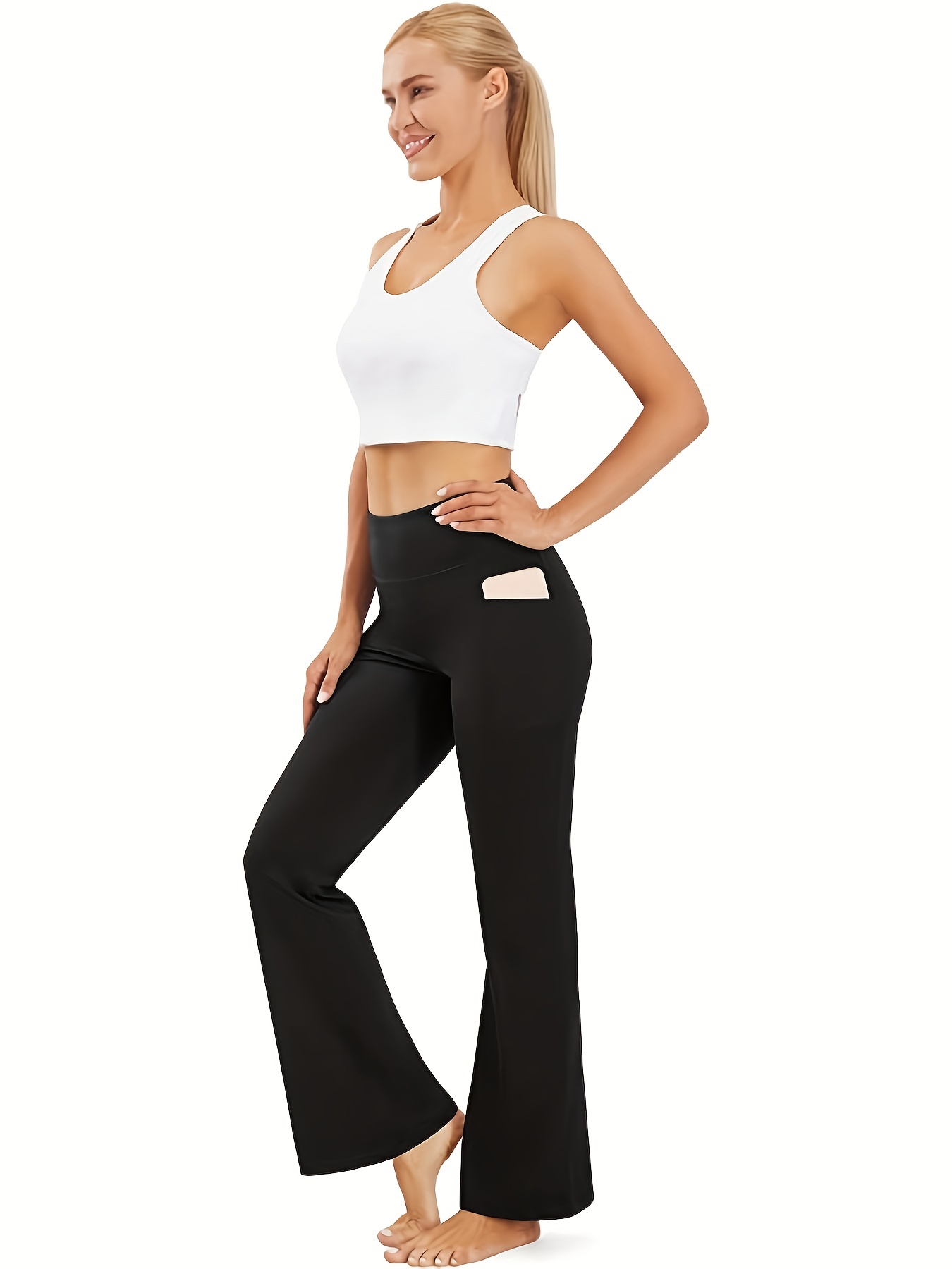 Solid Color Bootcut Yoga Pants Pockets Women Running Workout
