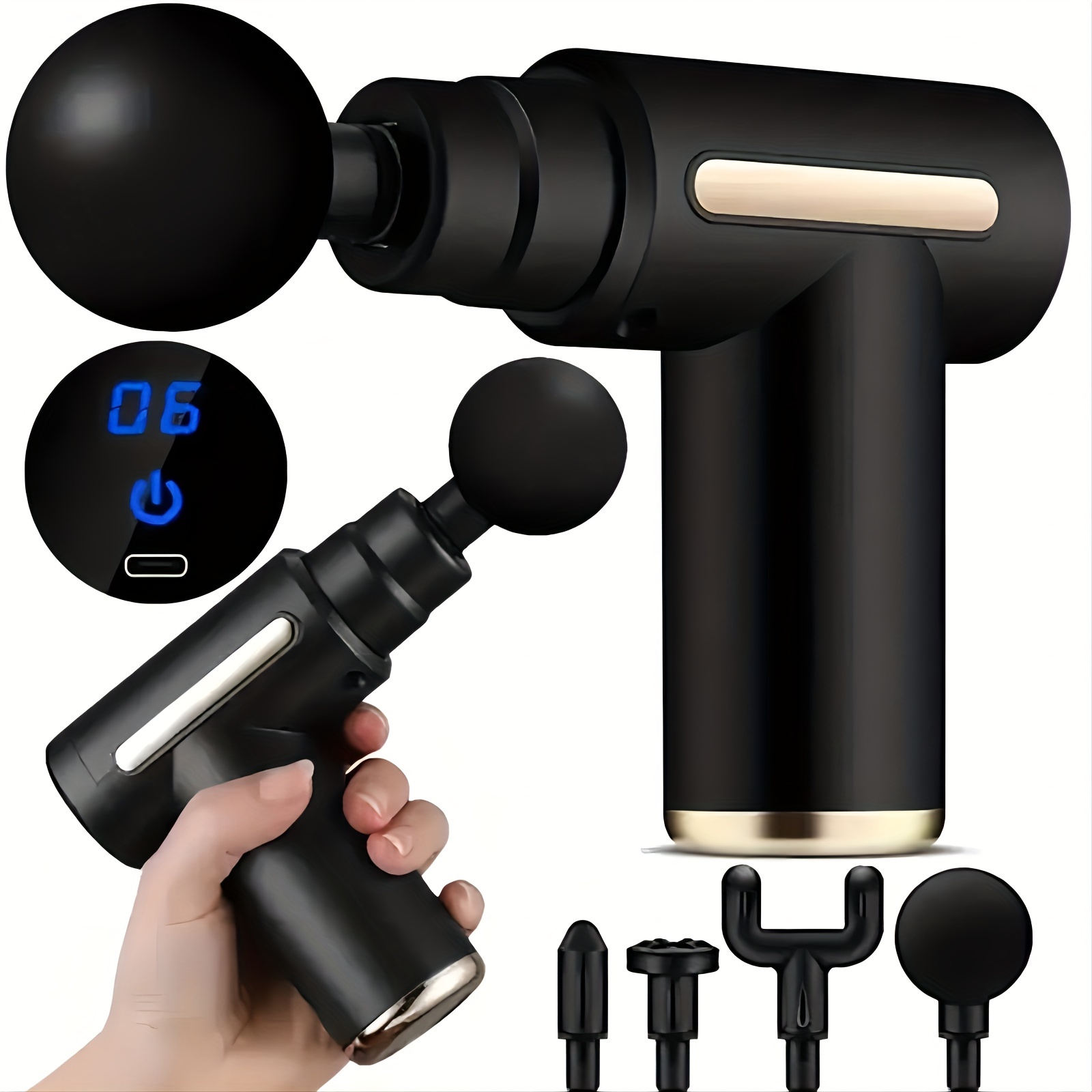 Rechargeable Lcd Portable Mini Massage Gun 6 Speed Adjustment 4 Heads