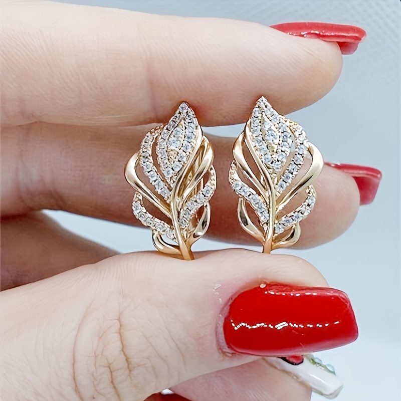 

Elegant Copper Leaf Stud Earrings With Synthetic Zirconia, April Birthstone, Nickel-free Plating, Daily & Wedding Wear, Valentine's Day Gift, Jewelry