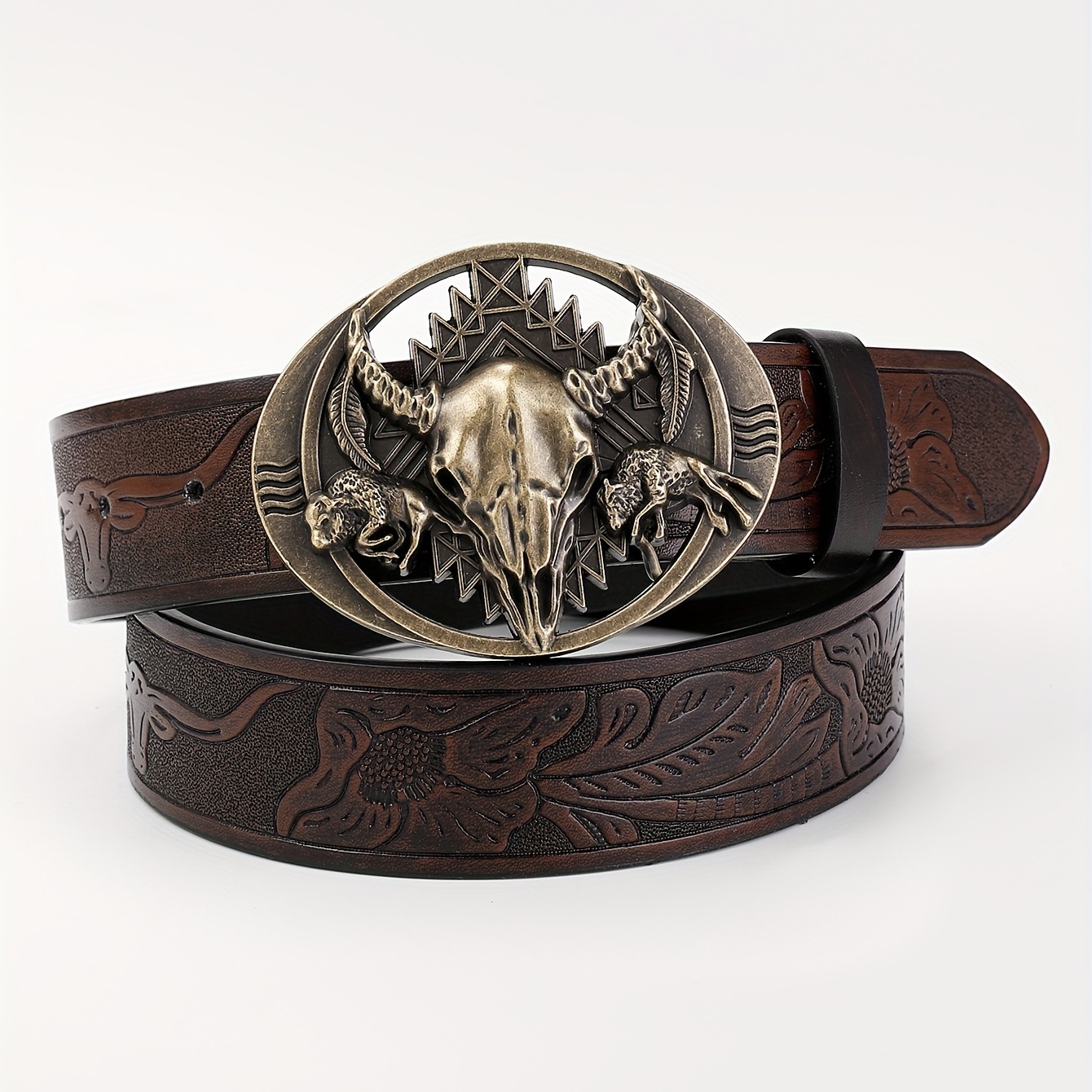 Retro Western Cowboy Belt for Men with Bull Pattern Buckle