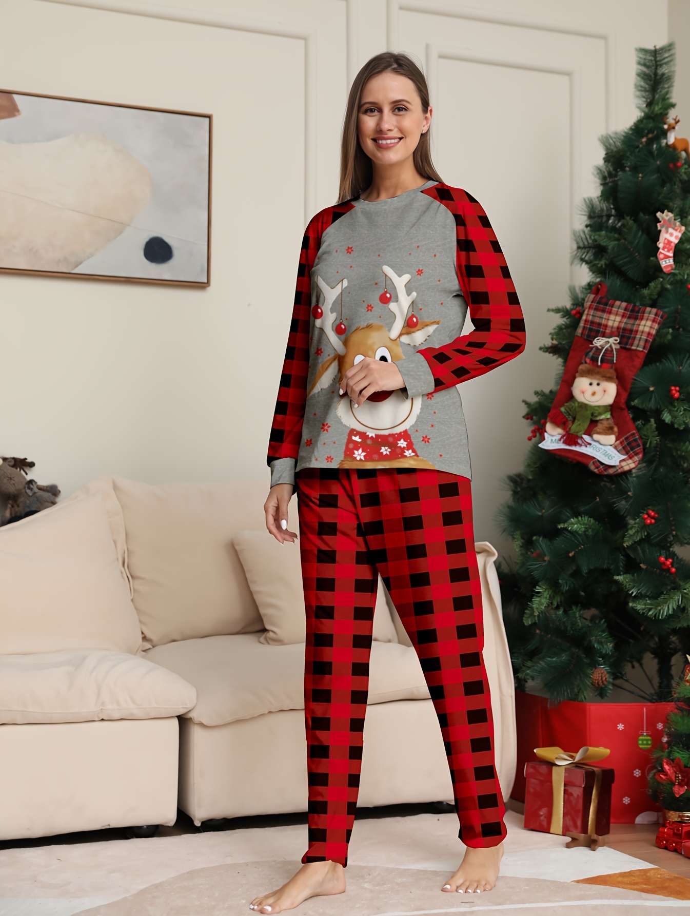 Plaid Print Christmas Pajama Set, Long Sleeve Crew Neck Top & Elastic  Waistband Pants, Women's Sleepwear & Loungewear