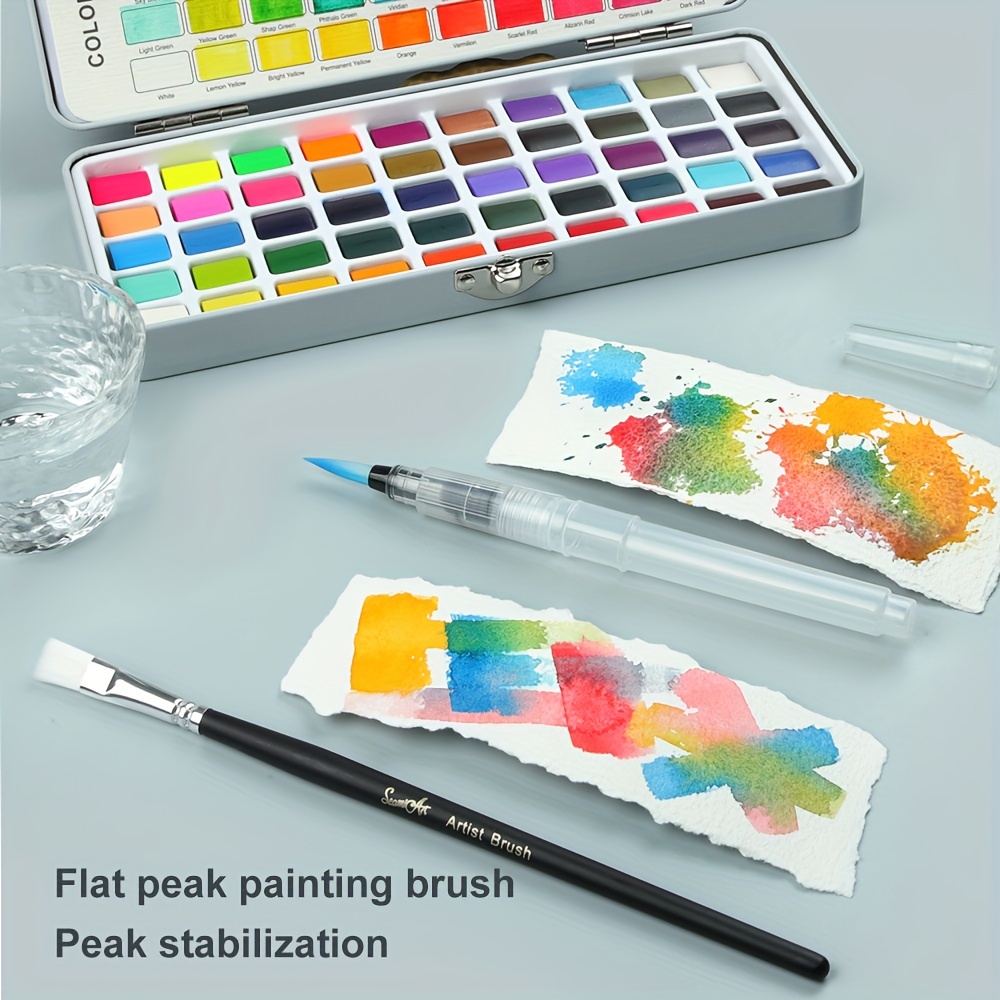 SeamiArt 12 Basic Colors Travel Solid Watercolor Paint Set with Transparent  Acrylic Box & Portable Painting Brush Art Supplies