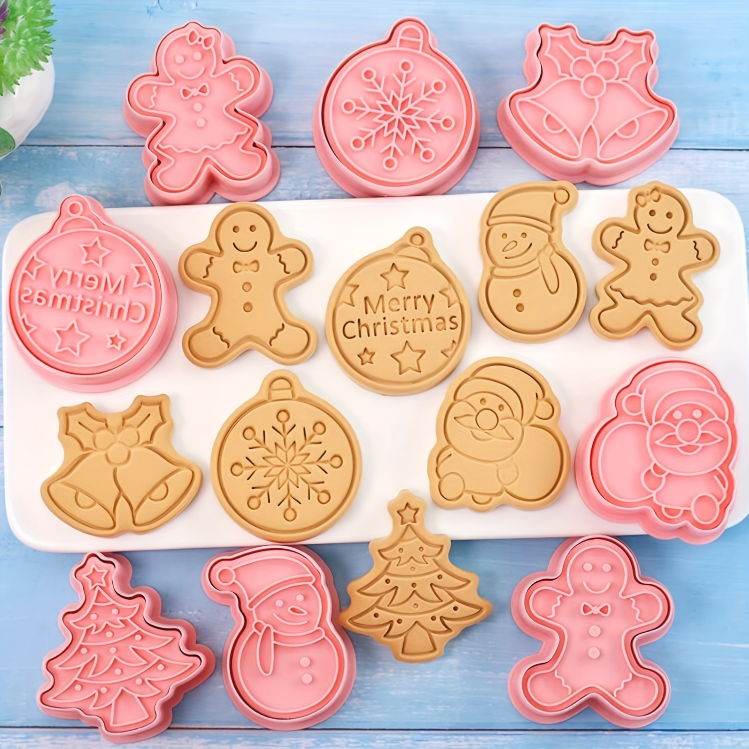 8pcs Christmas Cookies Mold Set, 3d Embossed Cookies Cutter Press Molds,  Including Christmas Tree, Snowman, Bell, Snowflakes, Santa Claus Pattern,  Pink, Suitable For Christmas Baking