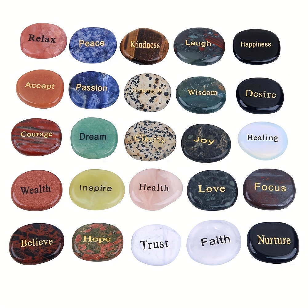 Inspirational River Stones 25 PCS Set Carved Tumbled Chakra Reiki Healing