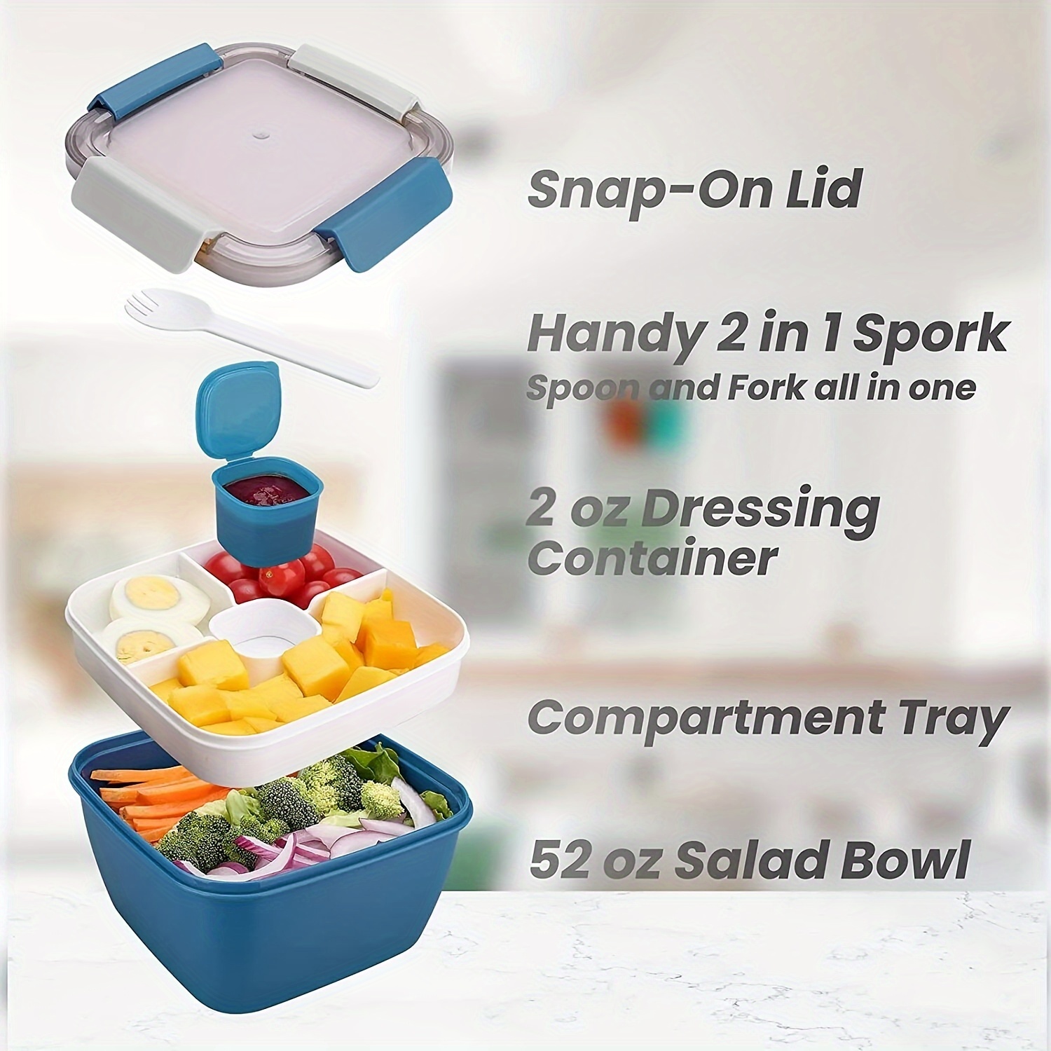 Salad Lunch Container To Go, 52-oz Salad Bowls With 3 Compartments